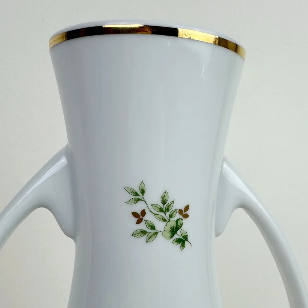Hollohaza Hungary Erika Green Floral Handled Porcelain Vase